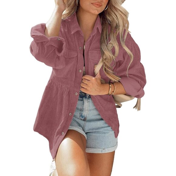 Women’s Corduroy Peplum Shacket Jacket Long Sleeve Button Down Casual Blouse - Picture 2 of 5